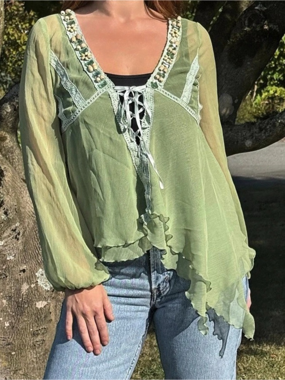 Sheer Lace-Up Blouse in Green Fairy Whimsy Top